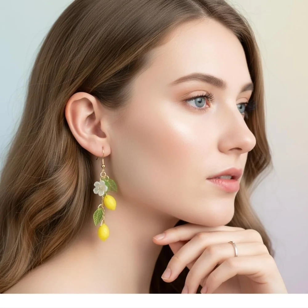 Lemon Drop Earrings with Green Leaves